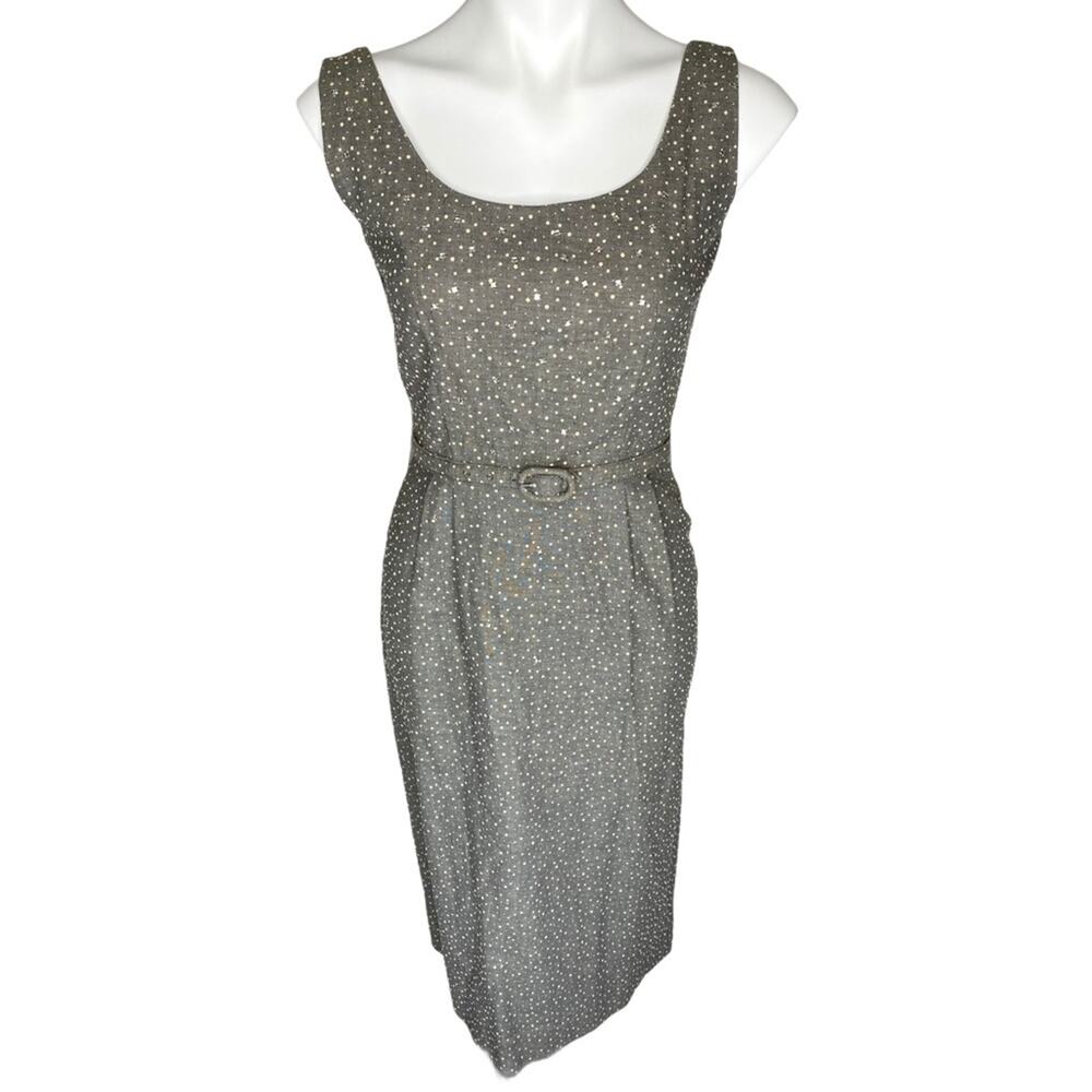 1960s Vintage Rhinestone Jeweled Gray Sheath Dress